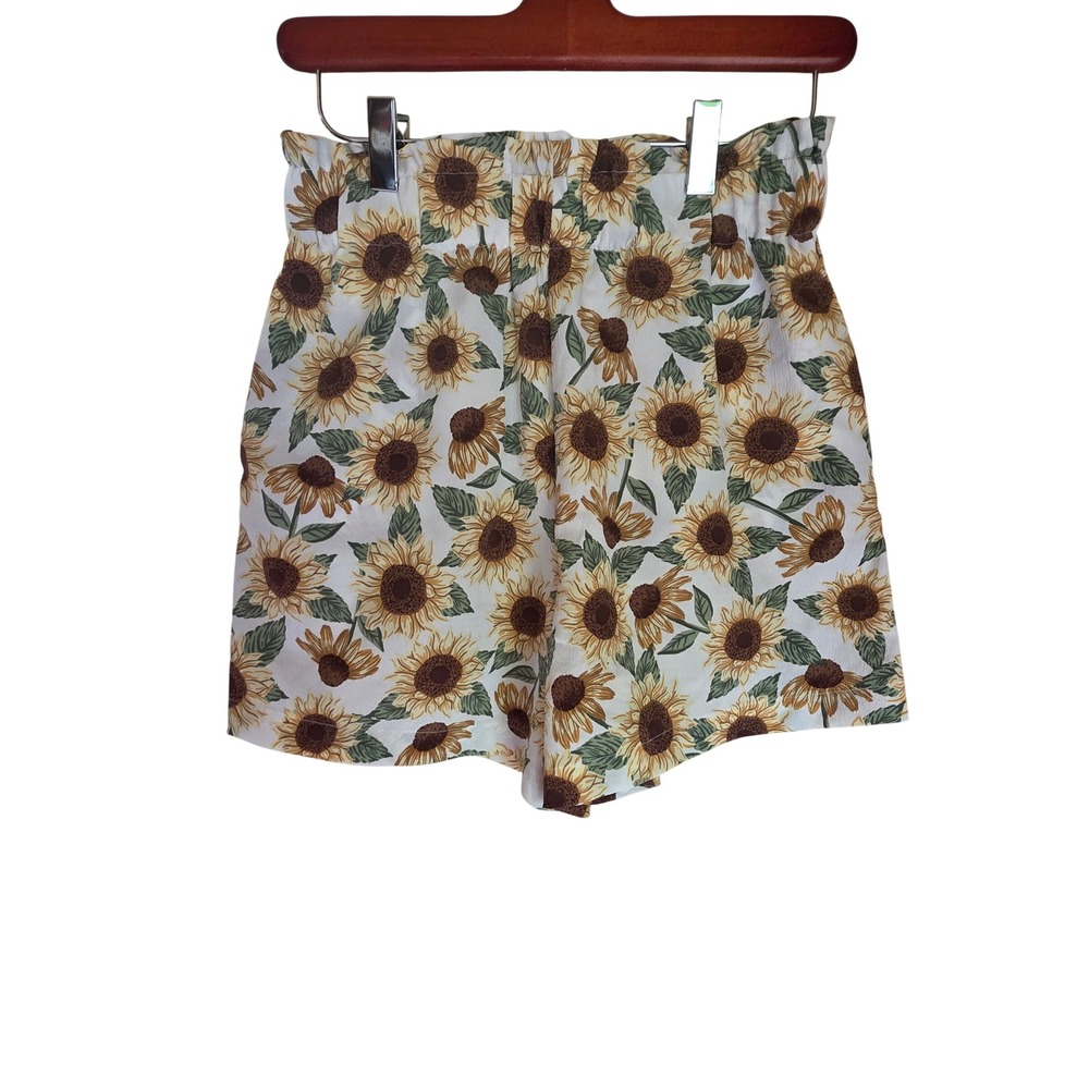 Monki Sunflower Print High Waist Paperbag Shorts XS Yellow Floral Coquette